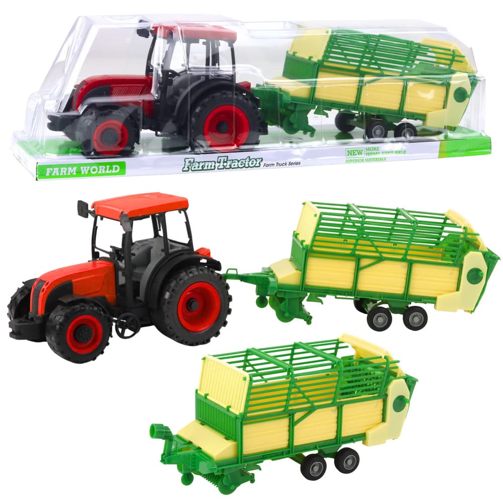 LEAN TOYS rdeči traktor z zeleno-rumeno prikolico, 50 cm