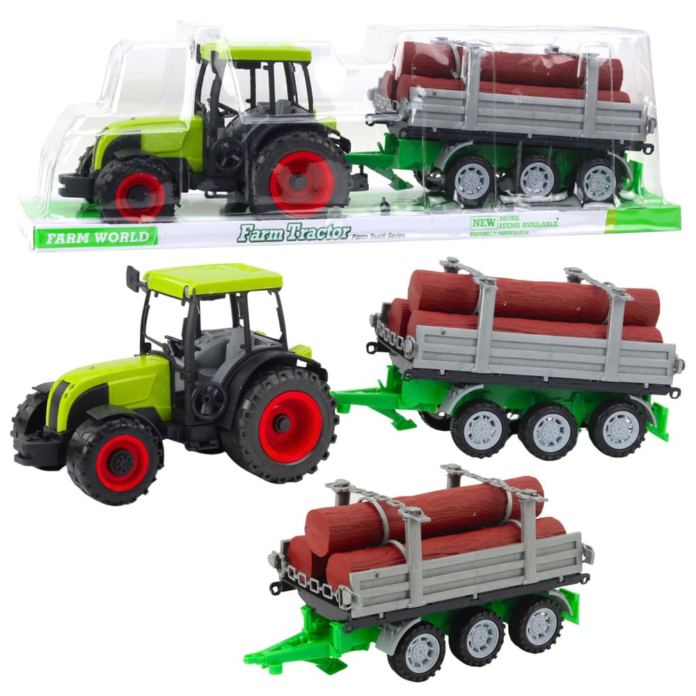 LEAN TOYS zeleni traktor s prikolico za drva, 47 cm