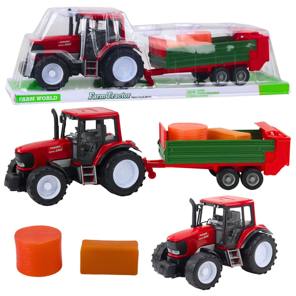 LEAN TOYS rdeči traktor z zeleno prikolico in senom, 62 cm