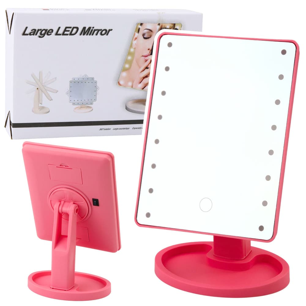LEAN TOYS Rozo kozmetično ogledalo z LED lučkami in podstavkom