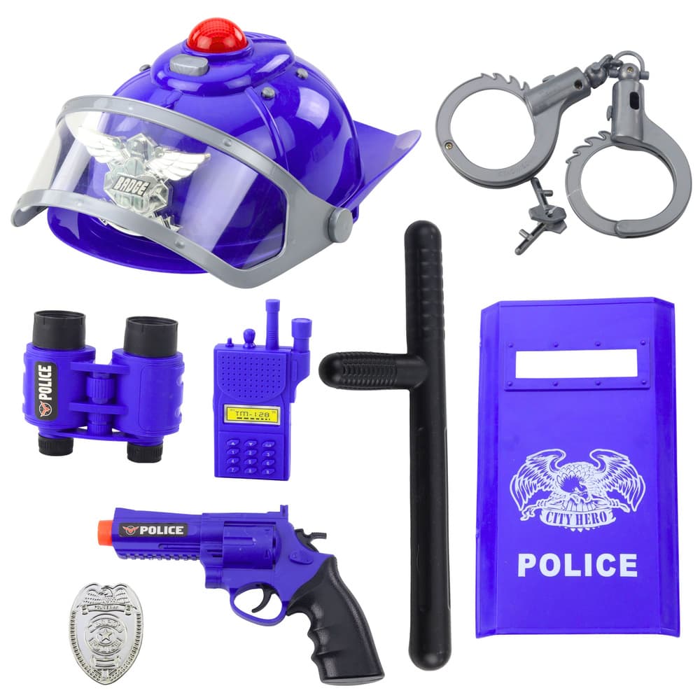 Policijski set za djecu Lean Toys: kaciga, pištola, lisice, pribor (9 el.)
