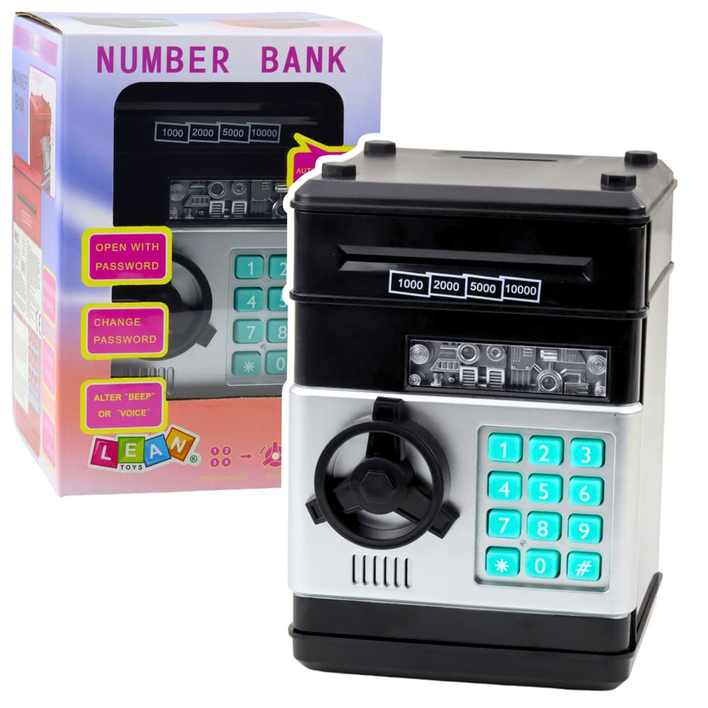 LEAN TOYS Pametni sef/bankomat zvočni in svetlobni efekti, koda PIN, črn