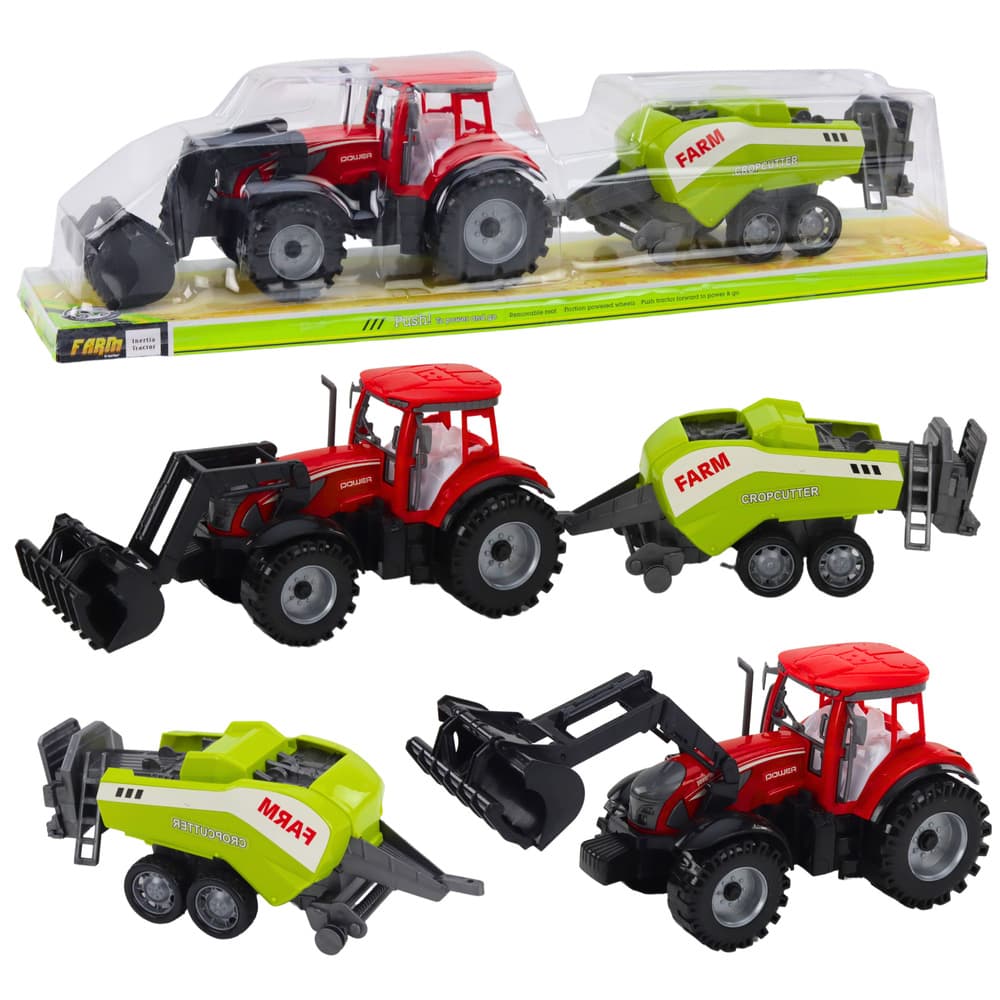 LEAN TOYS Traktorski set z nalagalnikom in balirko, rdeč