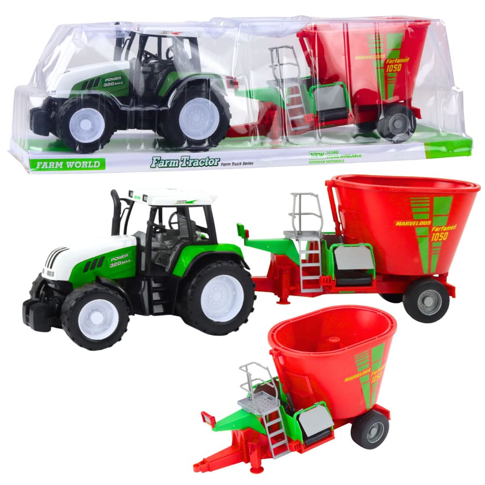 LEAN TOYS zeleni traktor s prikolico in mešalnikom krme, 50 cm