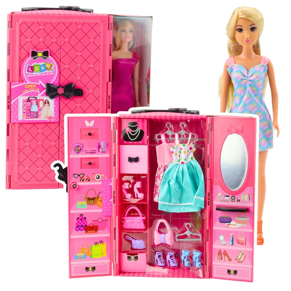 LEAN TOYS Lutka s roza omaro, oblačili in modnimi dodatki