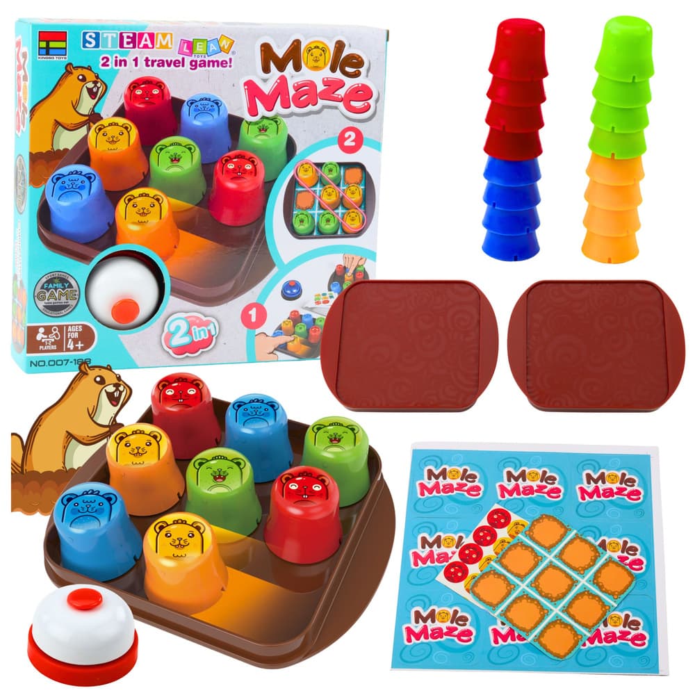 LEAN TOYS Logična igra "Mole Maze" 2v1: Hitri lončki + Križci-krožci