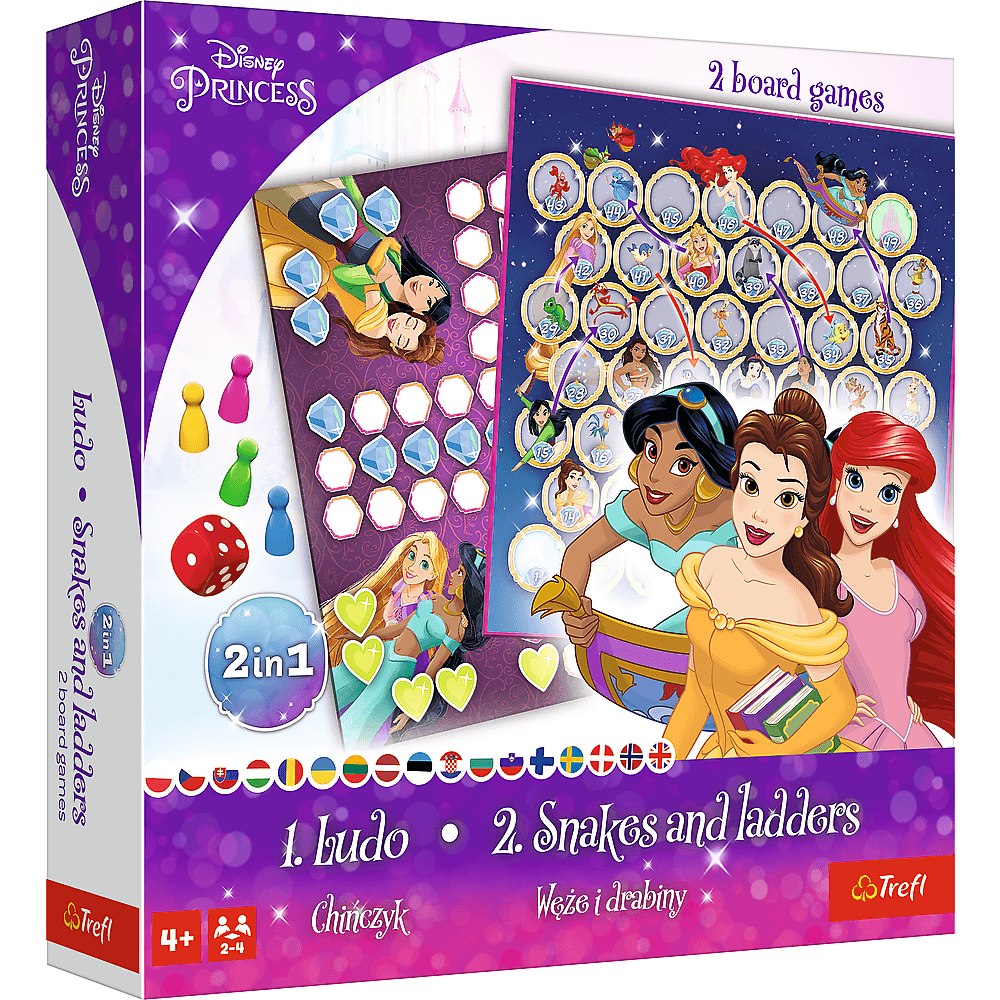 Družabna igra 2v1 TREFL GRY - "Človek ne jezi se" & "Kače in lestve", Disney Princess