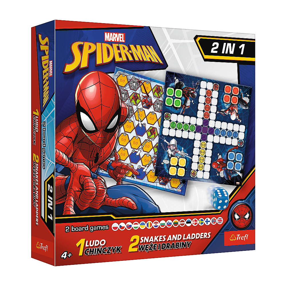 Družabna igra 2v1 TREFL GRY - "Človek ne jezi se" & "Kače in lestve", Spider-Man