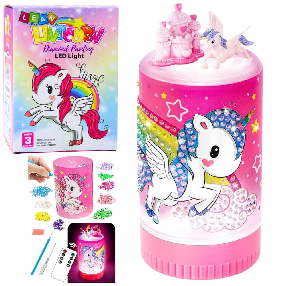 Kreativni set, samorog v kozarcu, diamanti, nočna lučka, daljinski upravljalnik, DIY, Lean Toys