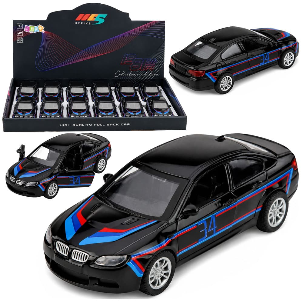 Športni avtomobil LEAN TOYS, kovinski, pull-back, vrata se odpirajo, črn 1:32