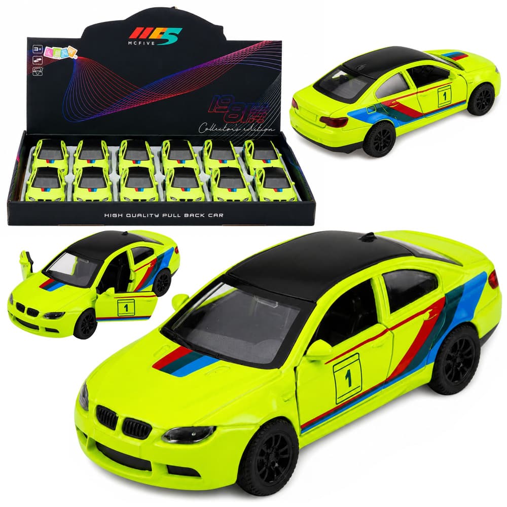 Športni avtomobil LEAN TOYS, kovinski, pull-back, rumena neonska 1:32