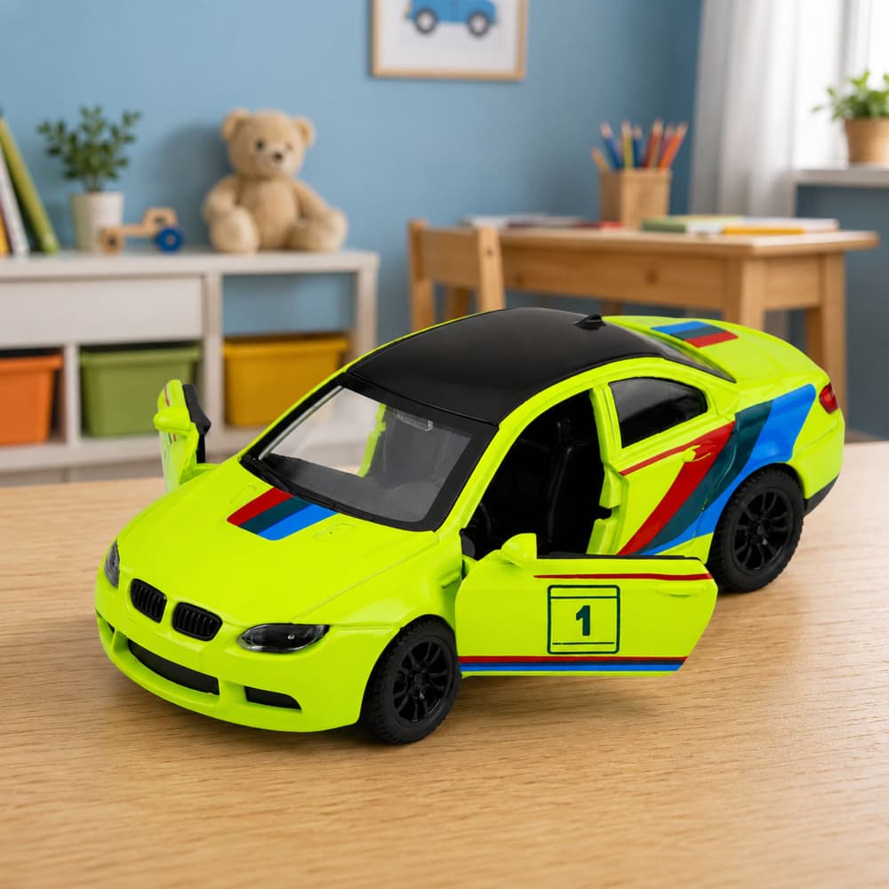 Športni avtomobil LEAN TOYS, kovinski, pull-back, rumena neonska 1:32 5