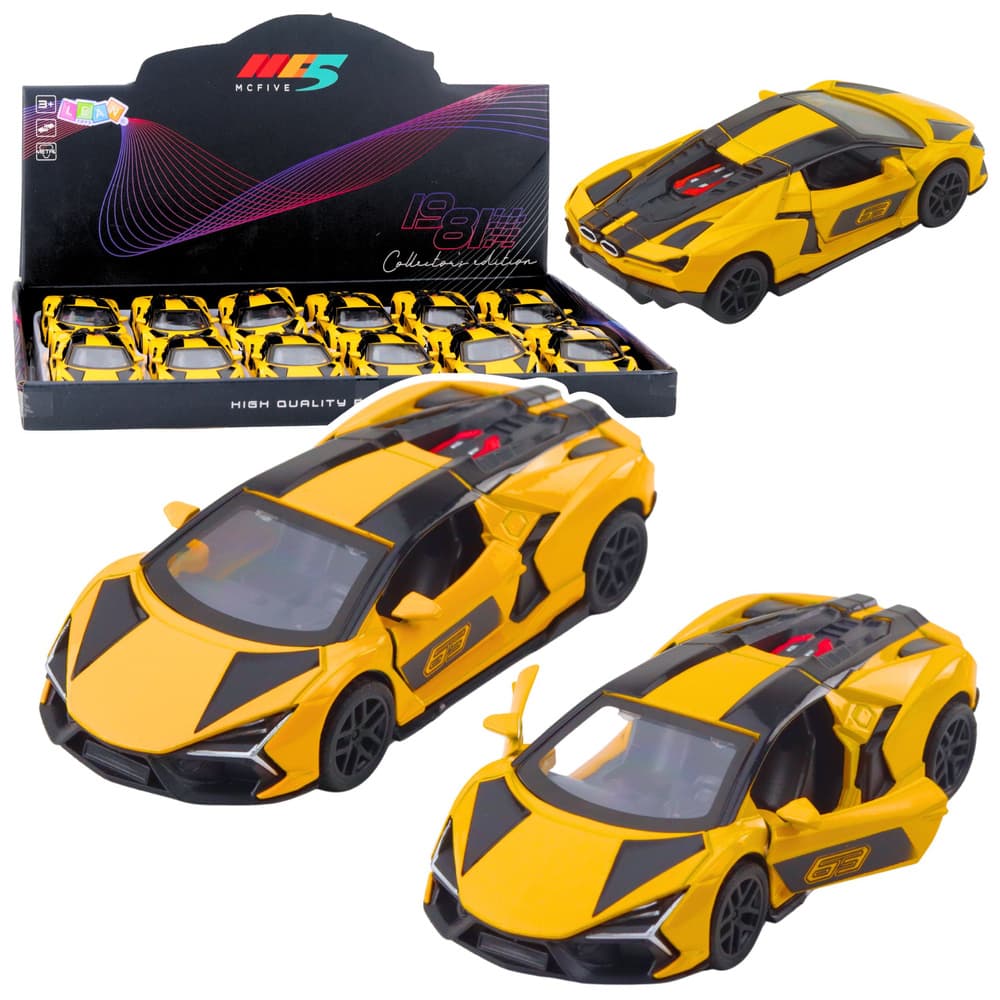 Športni dirkalni avto, kovinski, s potegom nazaj, LEAN TOYS, Rumena, 1:32