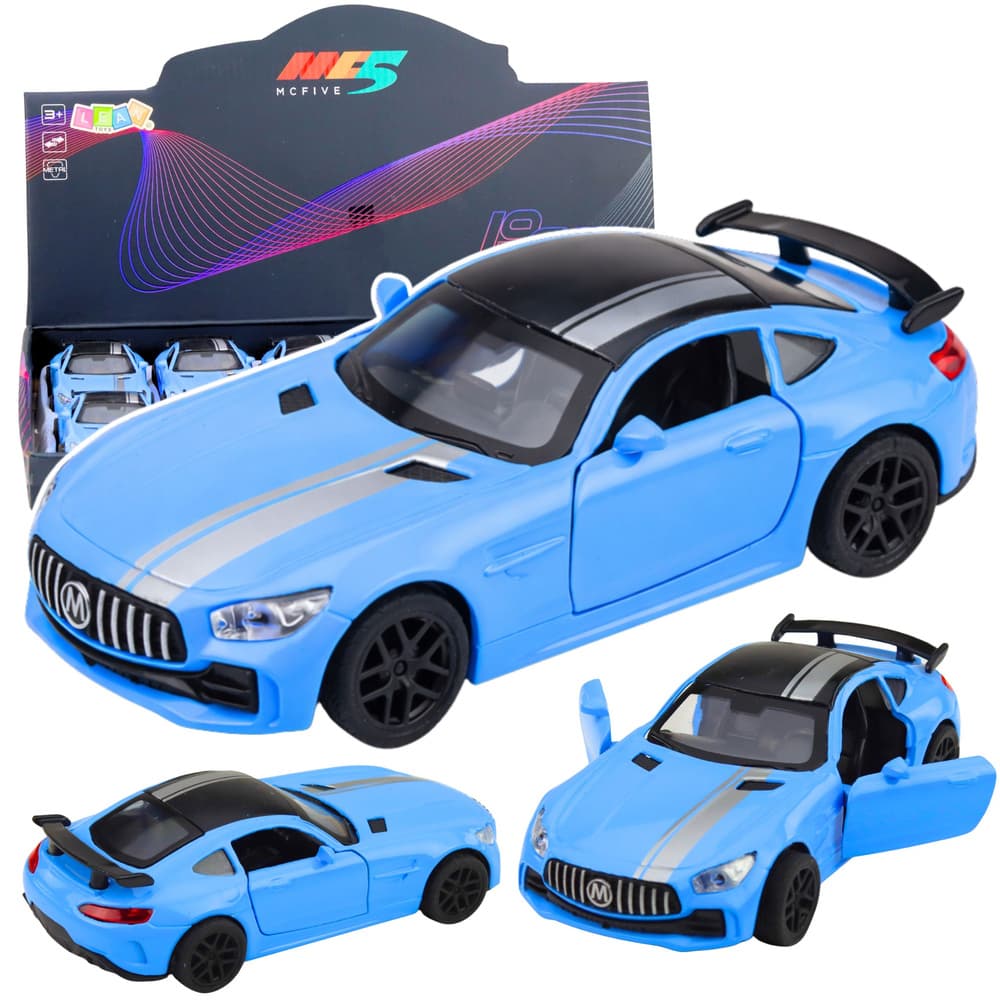 LEAN TOYS Športni avto, moder, 1:32, kovinski, odpiralna vrata, luči, zvok