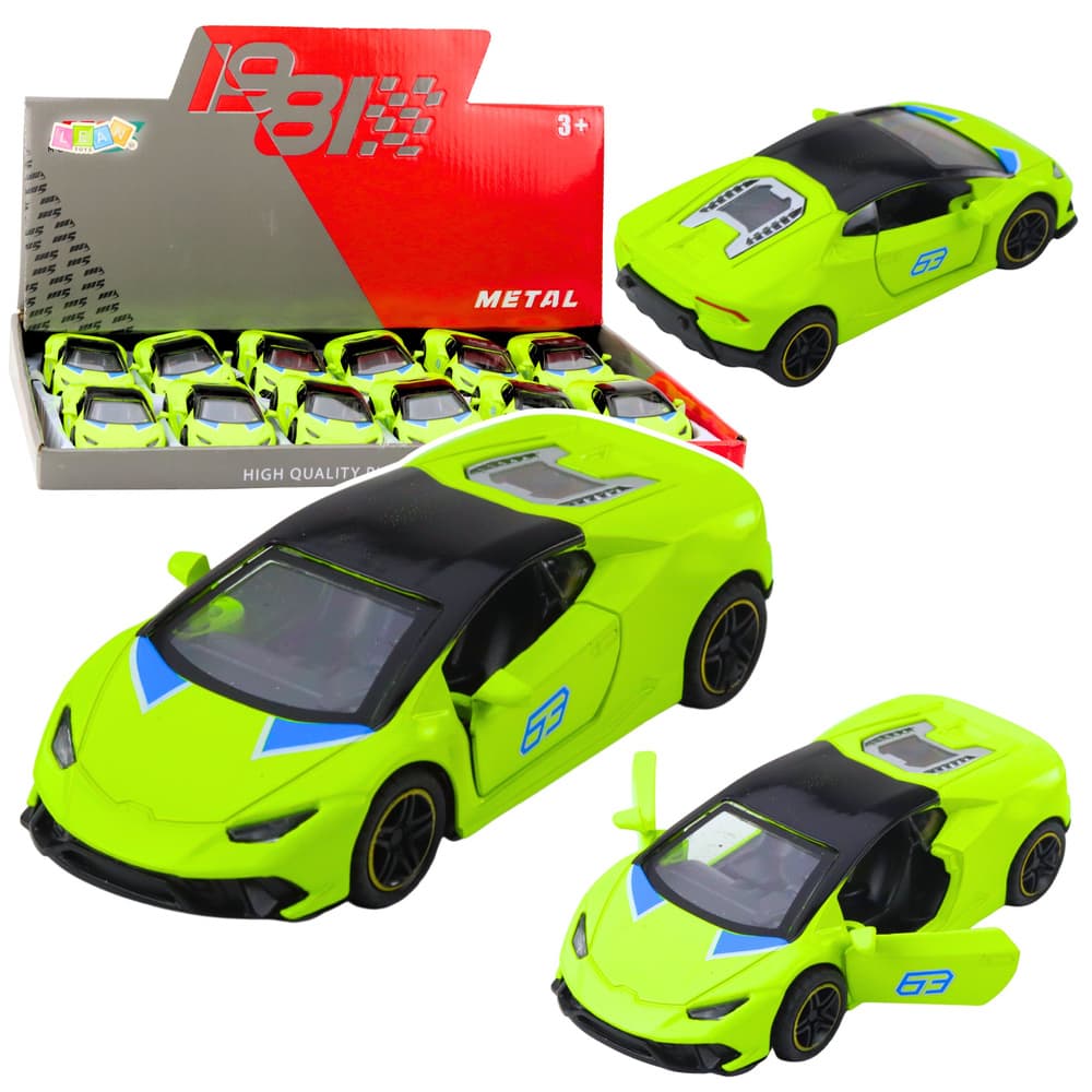 Športni avto, kovinski, s potegom nazaj, LEAN TOYS, Neon Zeleni, 1:43