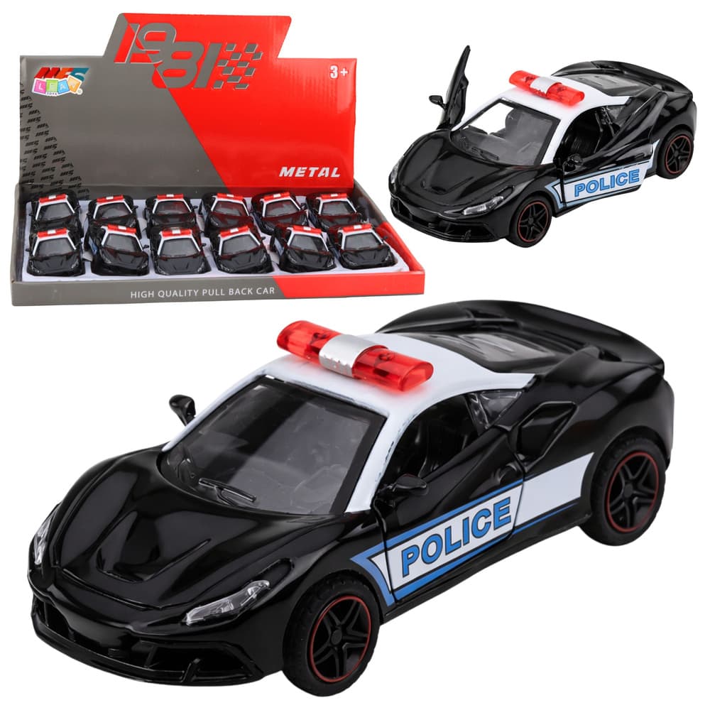 Policijski športni avtomobil, kovinski, na vleko, črn 1:43