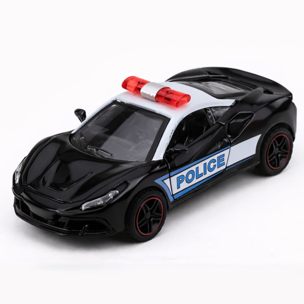 Policijski športni avtomobil, kovinski, na vleko, črn 1:43 2