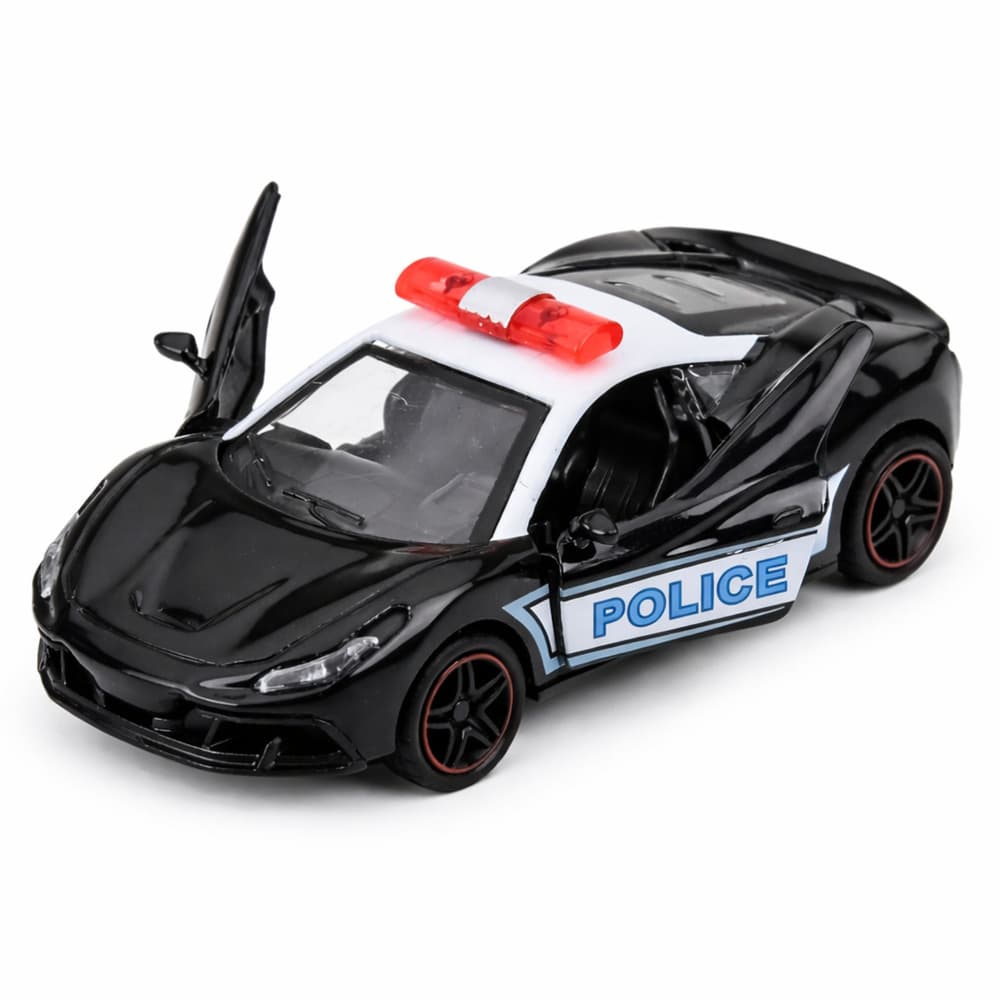 Policijski športni avtomobil, kovinski, na vleko, črn 1:43 4