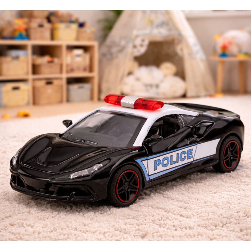 Policijski športni avtomobil, kovinski, na vleko, črn 1:43 5