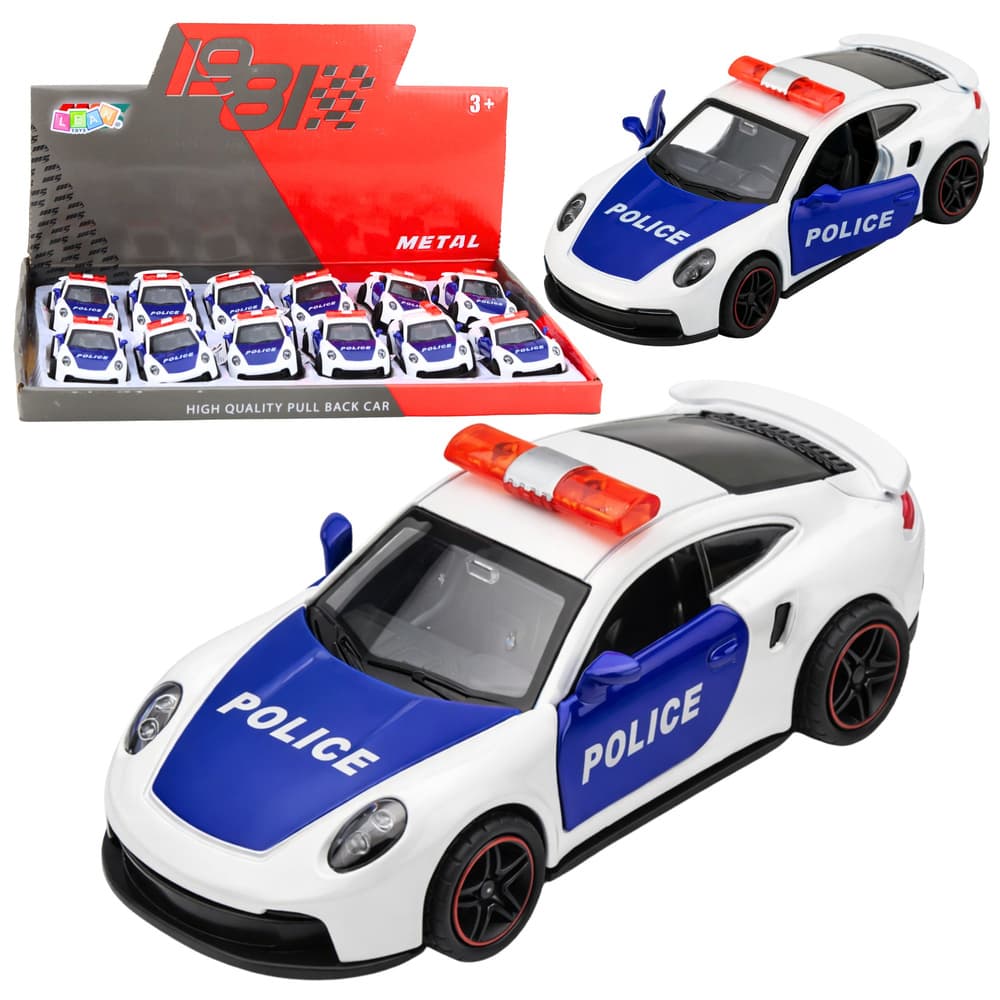 Policijski športni avtomobil, kovinski, na vleko, bel 1:43