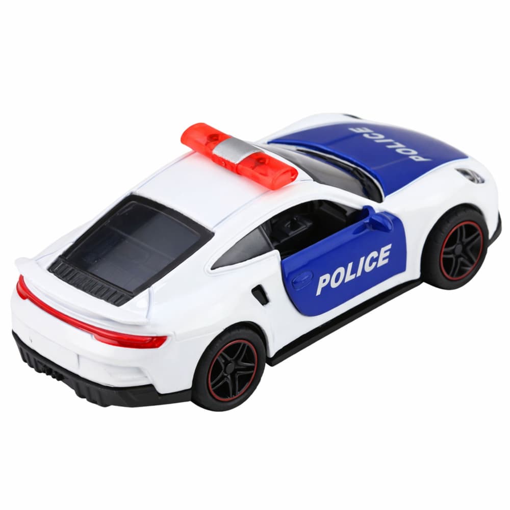 Policijski športni avtomobil, kovinski, na vleko, bel 1:43 2