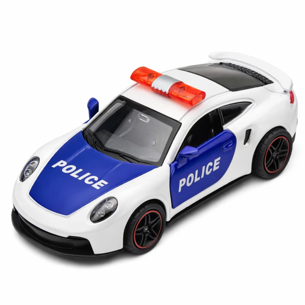 Policijski športni avtomobil, kovinski, na vleko, bel 1:43 3