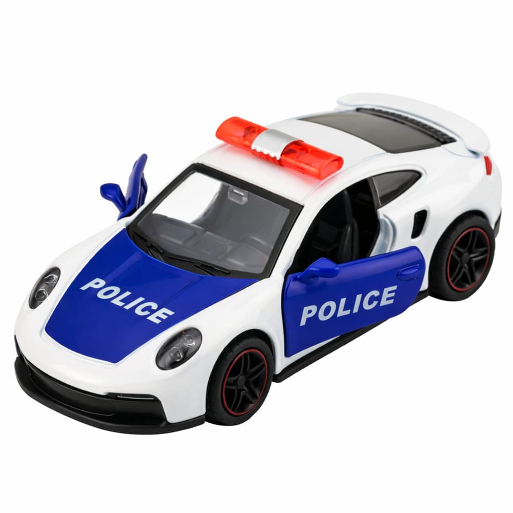 Policijski športni avtomobil, kovinski, na vleko, bel 1:43 4