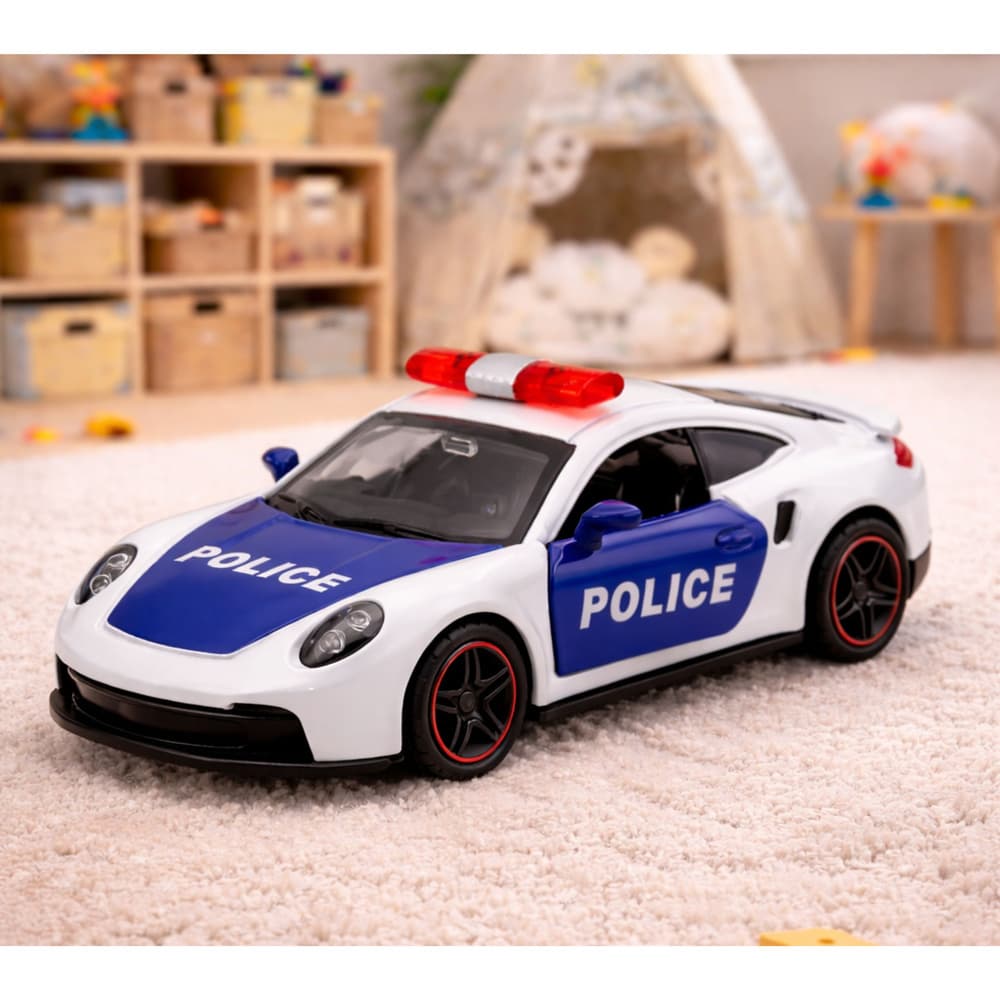 Policijski športni avtomobil, kovinski, na vleko, bel 1:43 5