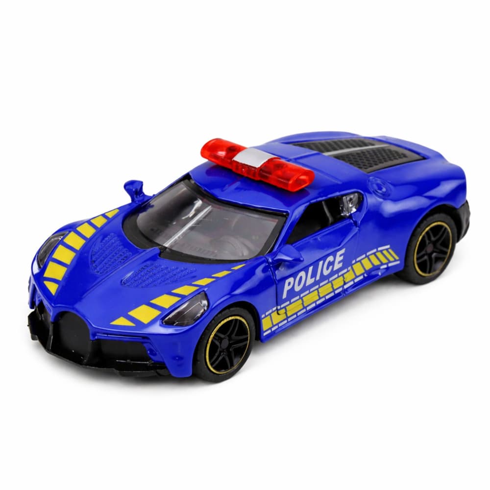 Policijski športni avtomobil, kovinski, na vleko, moder 1:43 2