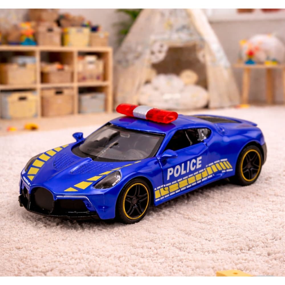 Policijski športni avtomobil, kovinski, na vleko, moder 1:43 5