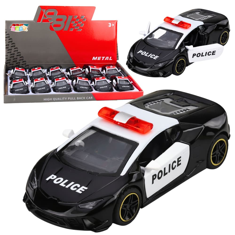 Policijski športni avtomobil, kovinski, na vleko, črn 1:43