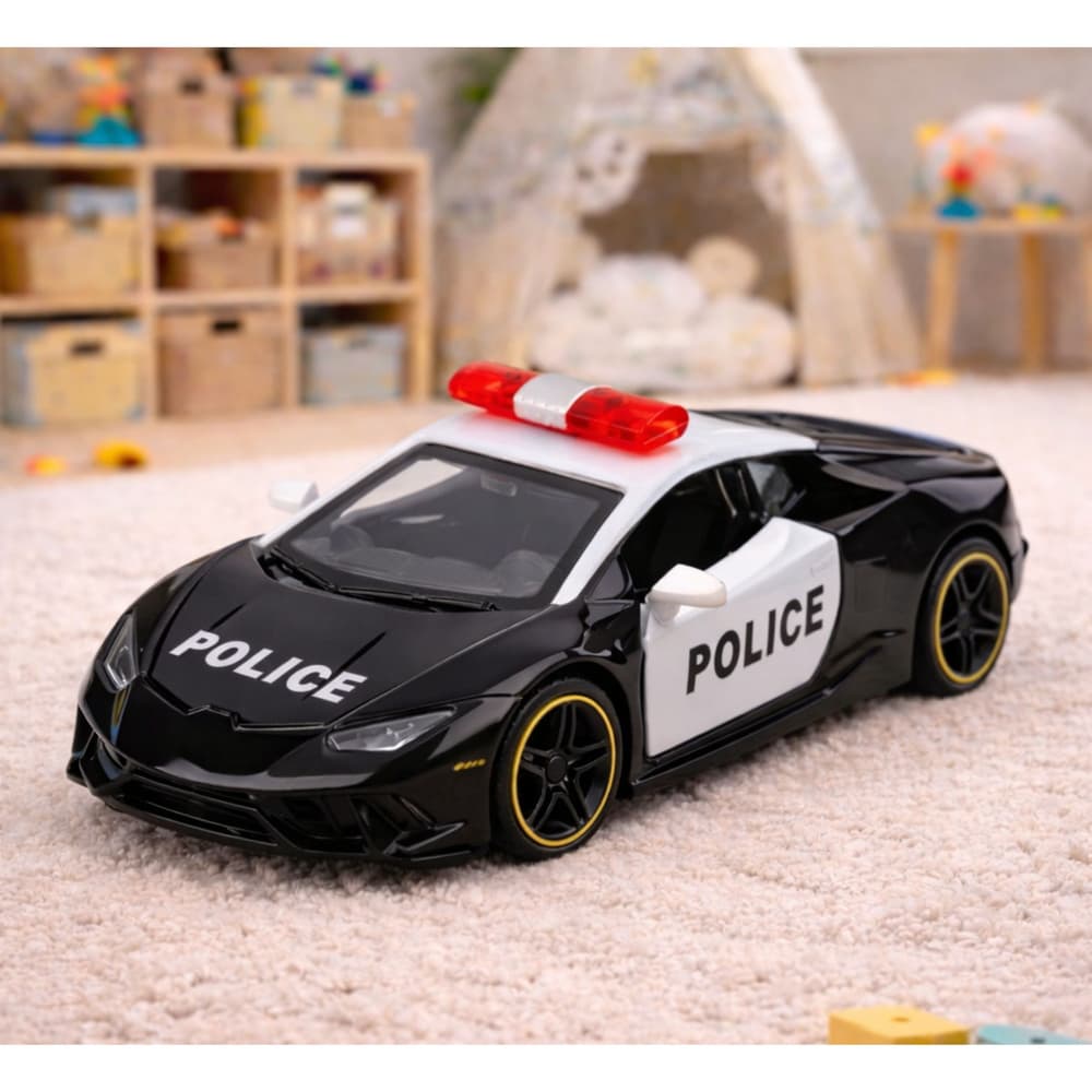 Policijski športni avtomobil, kovinski, na vleko, črn 1:43 5