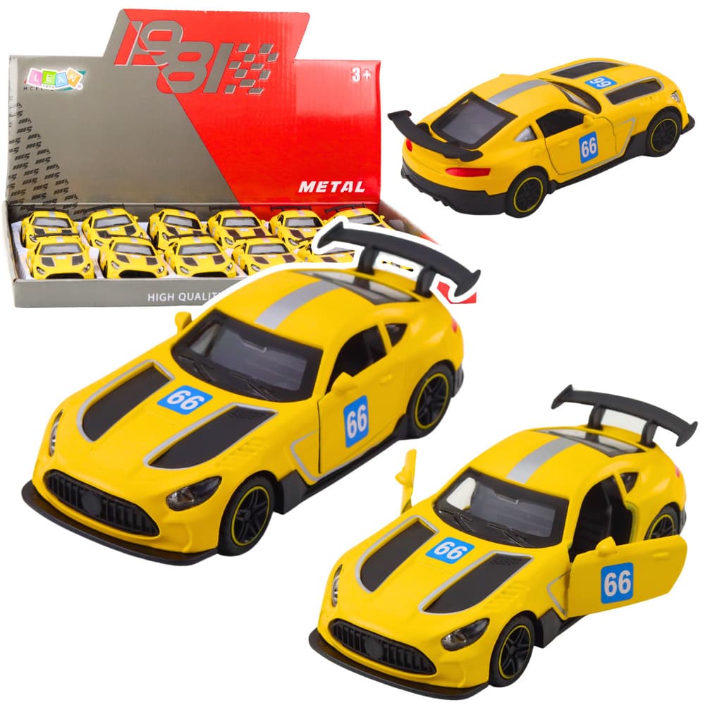 LEAN TOYS rumeni kovinski dirkalnik 1:43 na poteg, vrata na odpiranje