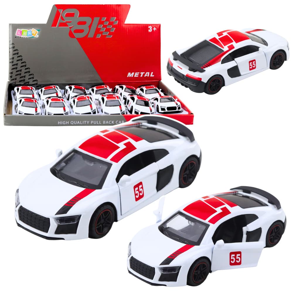 LEAN TOYS beli športni avto 1:43, "pull back", luči, zvok