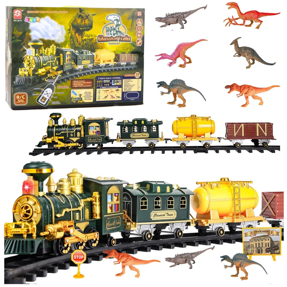 Lean Toys klasična RC kolesnica z dinozavri, lučmi, zvoki in dimom (39 delov)