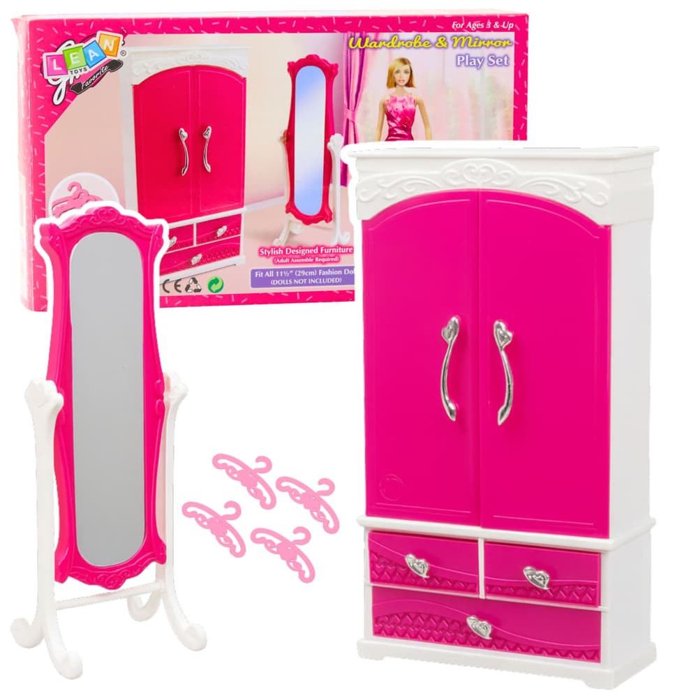LEAN TOYS Set roza pohištva za punčke: omara, ogledalo, obešalniki