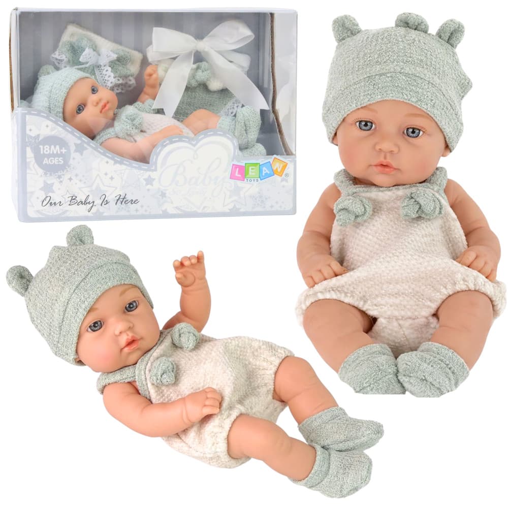 Lutka dojenček LEAN TOYS, 18 cm, siva oblačila, kapica, slinček