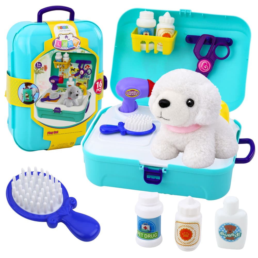 LEAN TOYS Kozmetični salon za živali, kovček/nahrbtnik, 16 delov