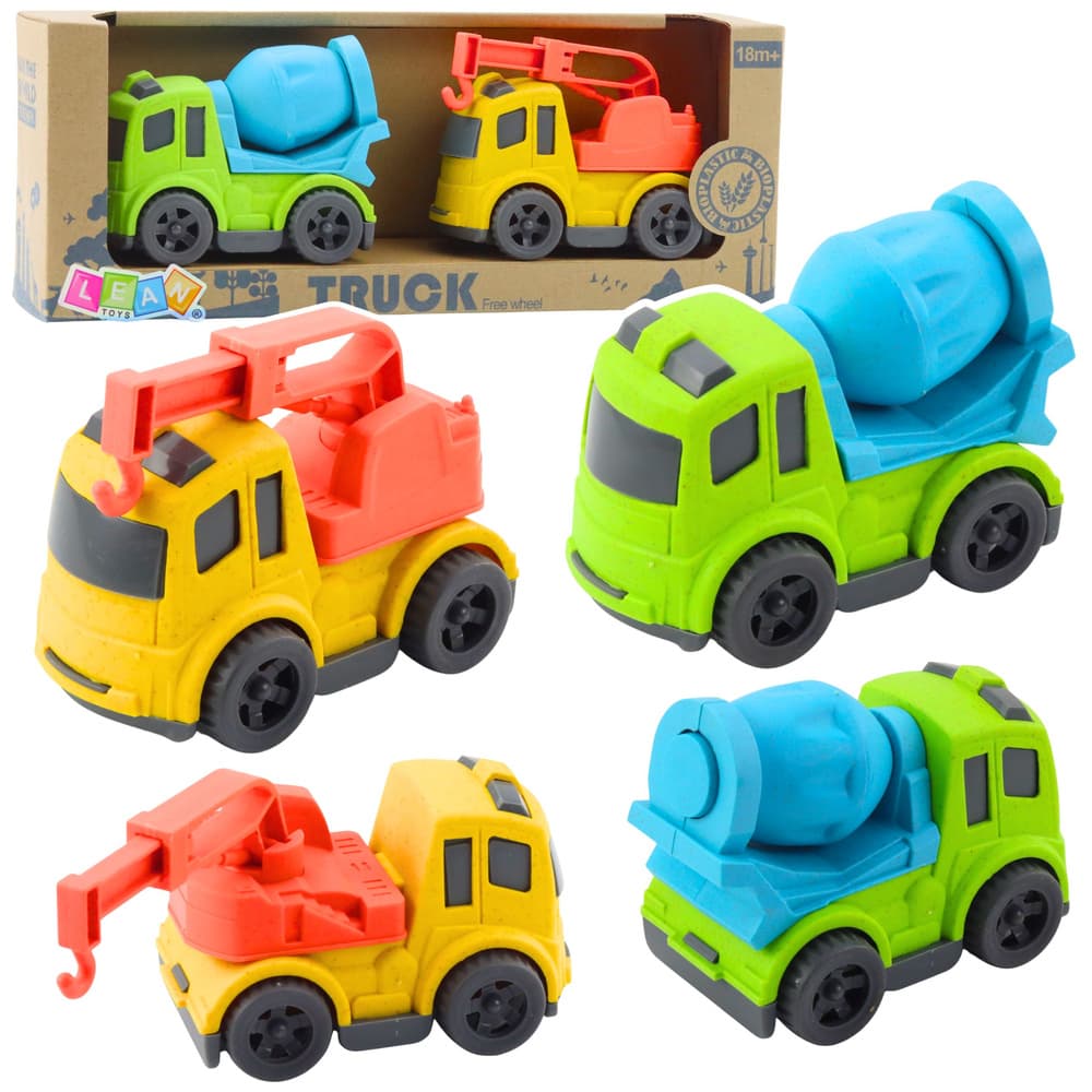 LEAN TOYS Set gradbenih vozil: mešalec, tovornjak s kaveljčkom (BIO plastika)