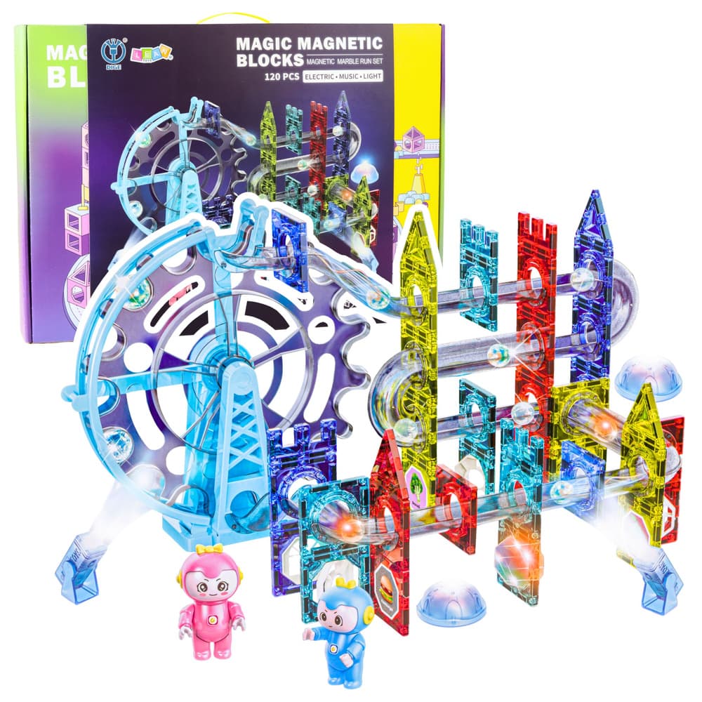 Komplet magnetnih blokov LEAN TOYS, kroglični tobogan, 120 kosov, svetleči