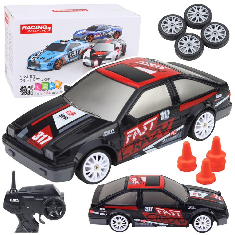 LEAN TOYS Drift avto, črn, 1:24, RC, menjalna kolesa, 2.4 GHz