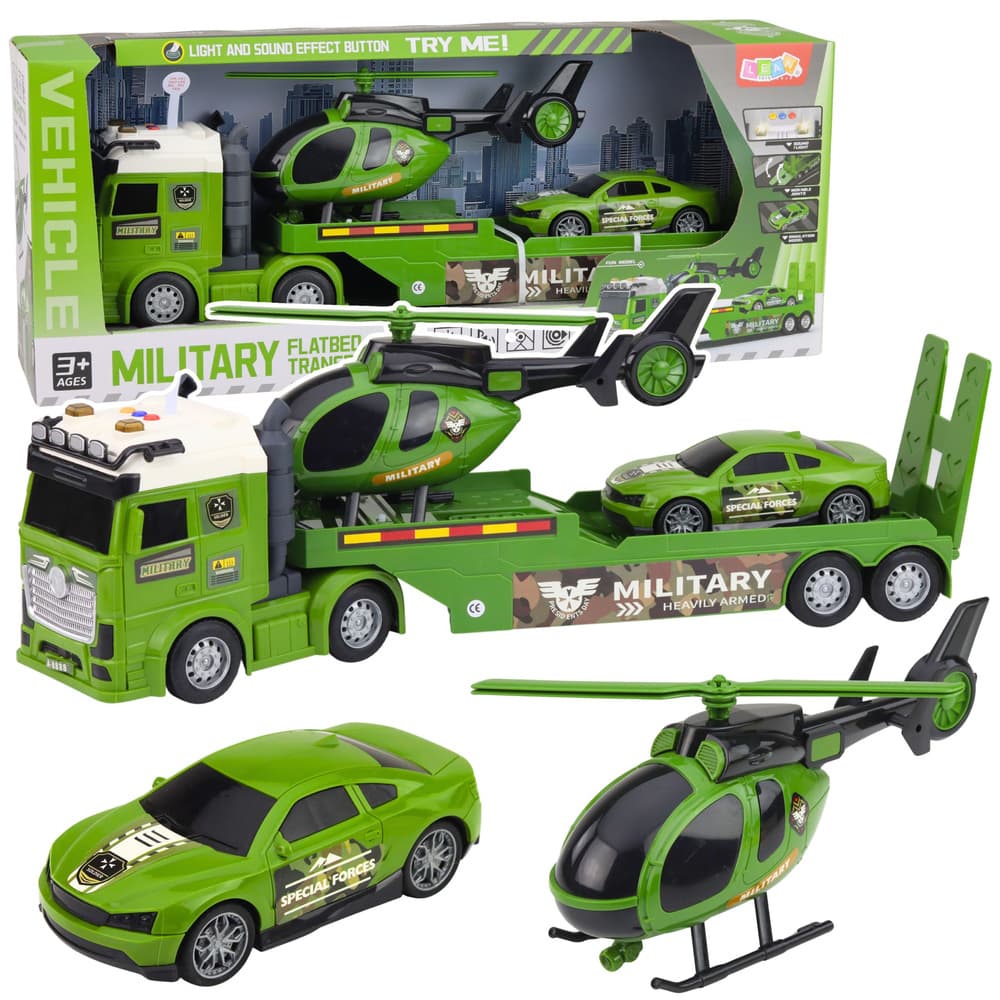 LEAN TOYS Vojni set: kamion prikolica, helikopter, avto, lučke, zvoki