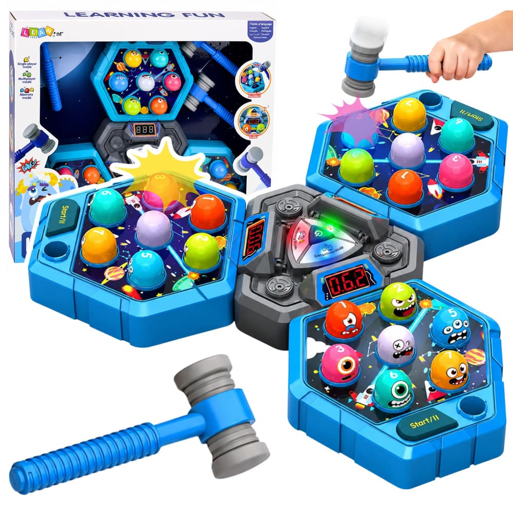 Igra udari krtka Lean Toys, za 3 osebe, s svetlečimi kladivi