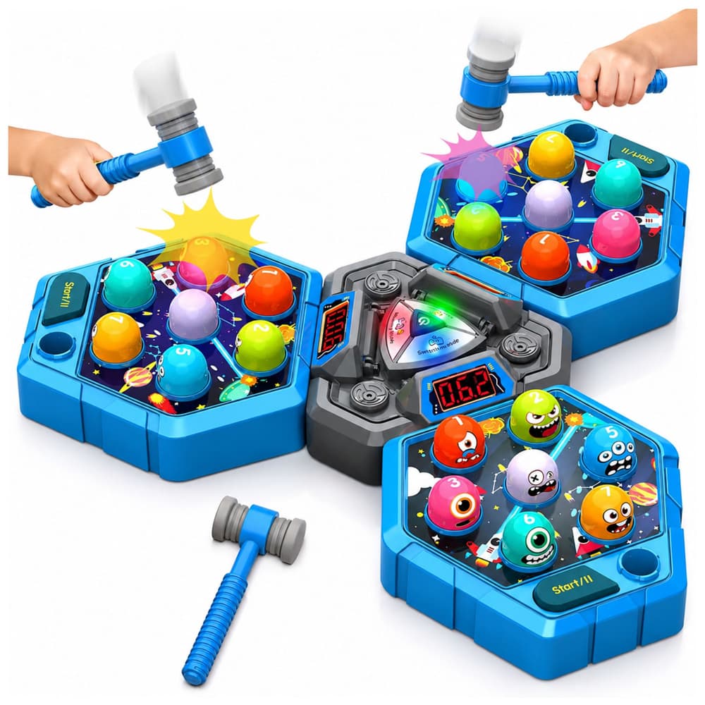 Igra udari krtka Lean Toys, za 3 osebe, s svetlečimi kladivi 2