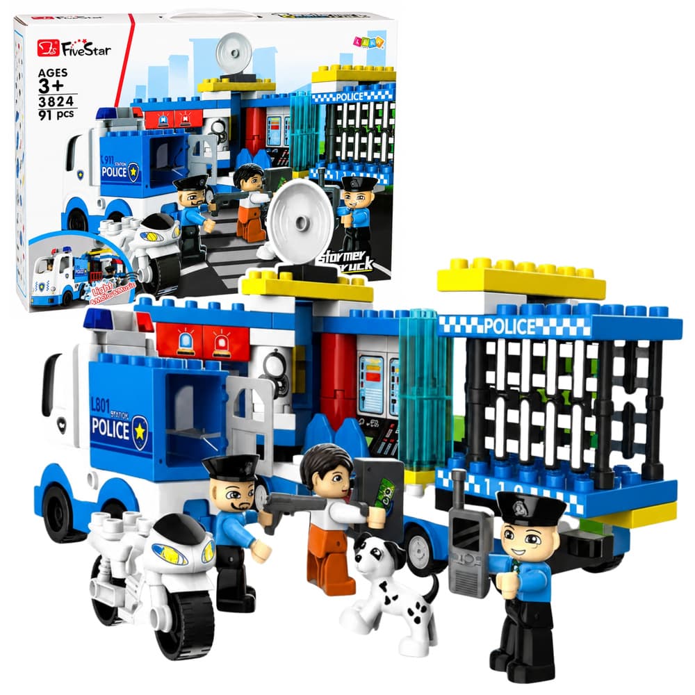 AnP-29553 Gradbeni bloki LEAN TOYS: Policijska postaja s tovornjakom, motorjem in figurami (91 el.)