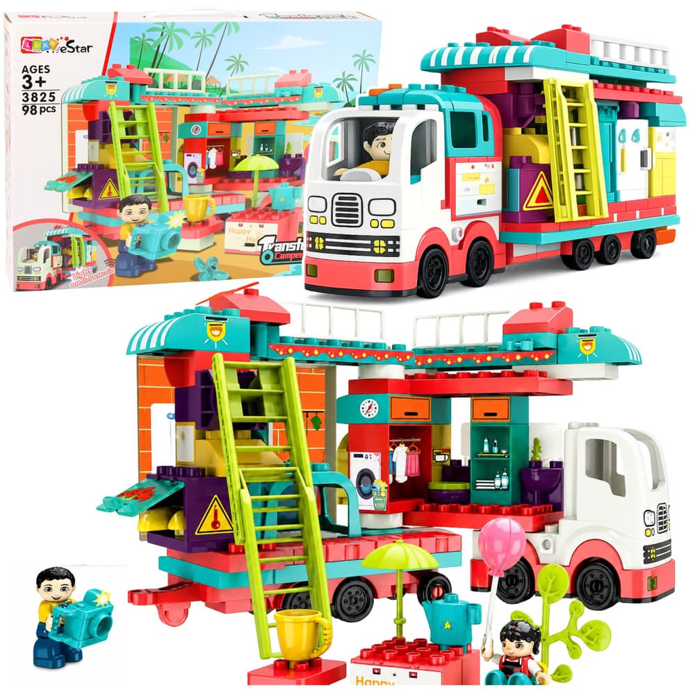 LEAN TOYS Raztegljiv kamper, gradbene kocke, svetlobni in zvočni efekti, 98 delov