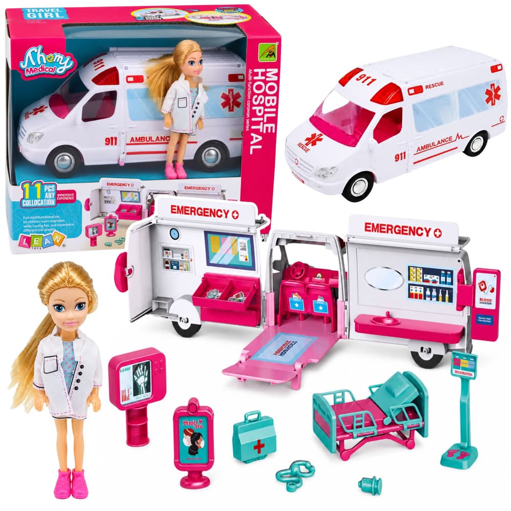AnP-29595 Raztegljiv rešilec za lutke LEAN TOYS s bolnišnico in dodatki (11 el.)