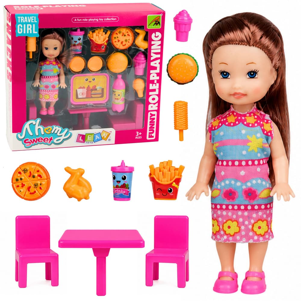 AnP-29599 Mini lutka LEAN TOYS s kompletom za hitro hrano: pizza, hamburger, namizje...