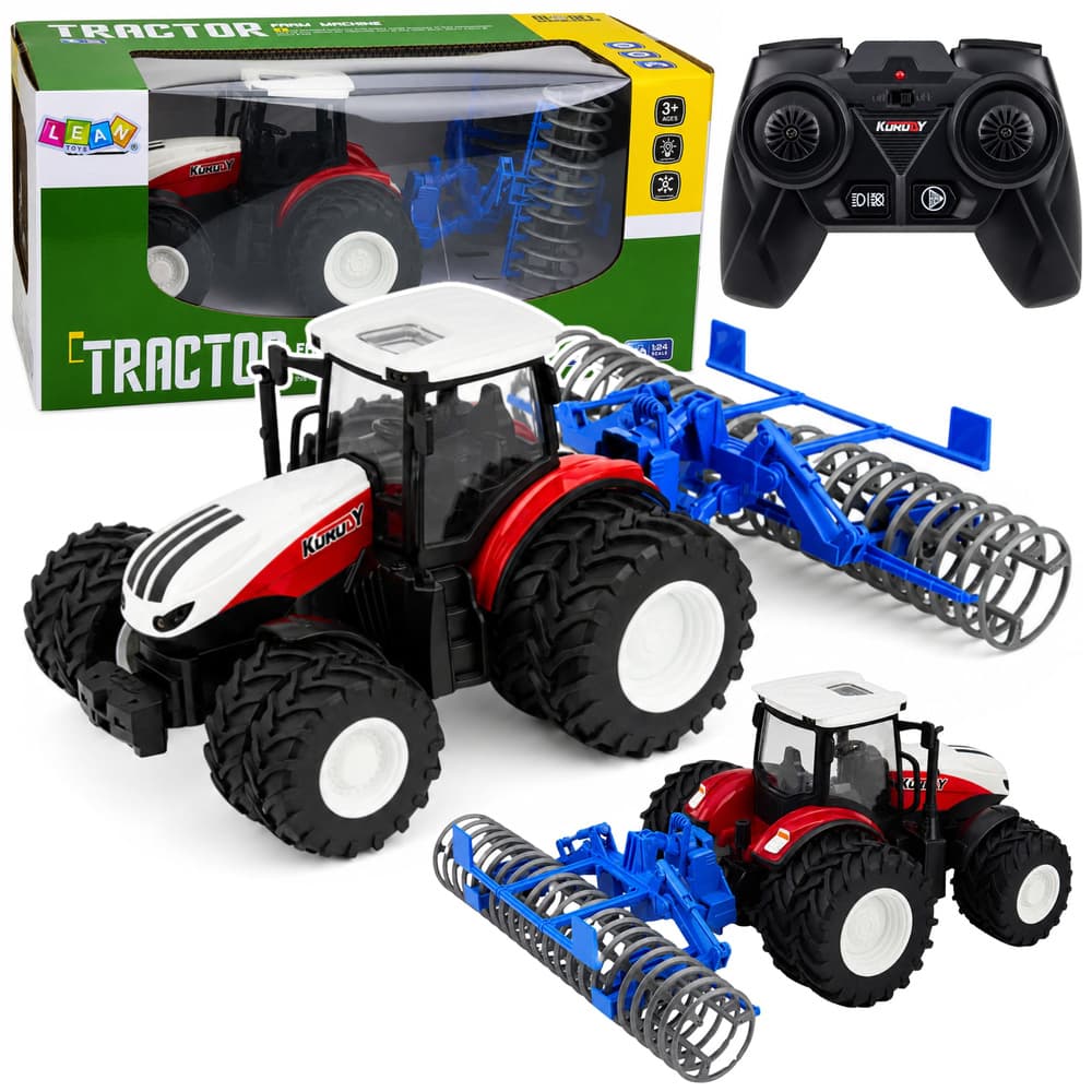 RC traktor z valjem, luči, rdeč, 1:24