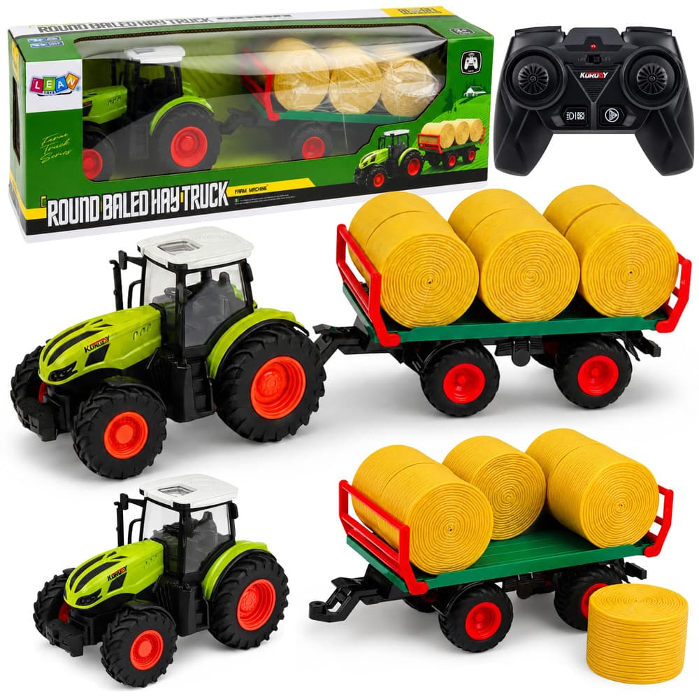 RC traktor s prikolico in balami, LED luči, 1:24